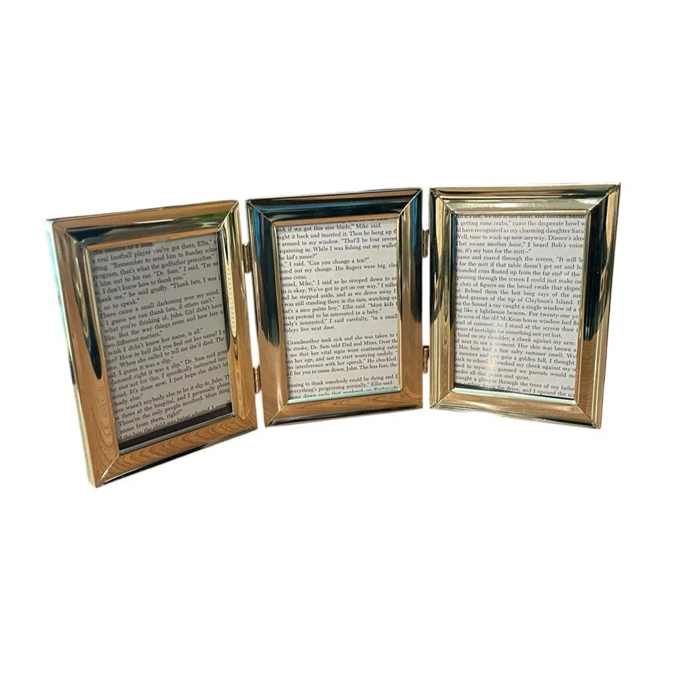 Vintage Gold Metal Tri-Fold Picture Frame | Holds Three 3x5 Photos | Minimalist